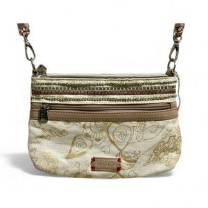 SAKROOTS Crossbody Purse Cream/Gold With Brown Leather Trim & Rhinestones